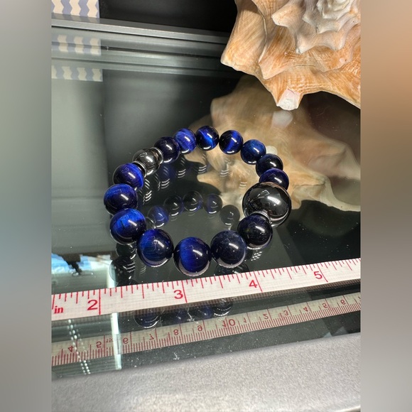 DARK BLUE TIGERS EYE + HEMATITE NATURAL STONES BRACELET size 7” - Picture 9 of 11